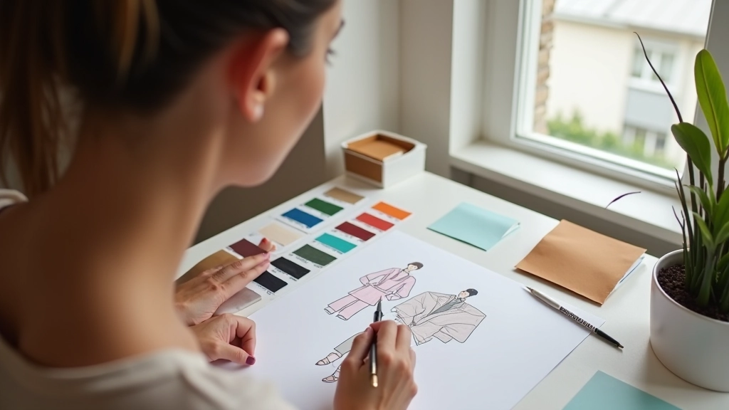 Renk paletleri, kumaş örnekleri ve stil detayları ile çalışan tasarımcı