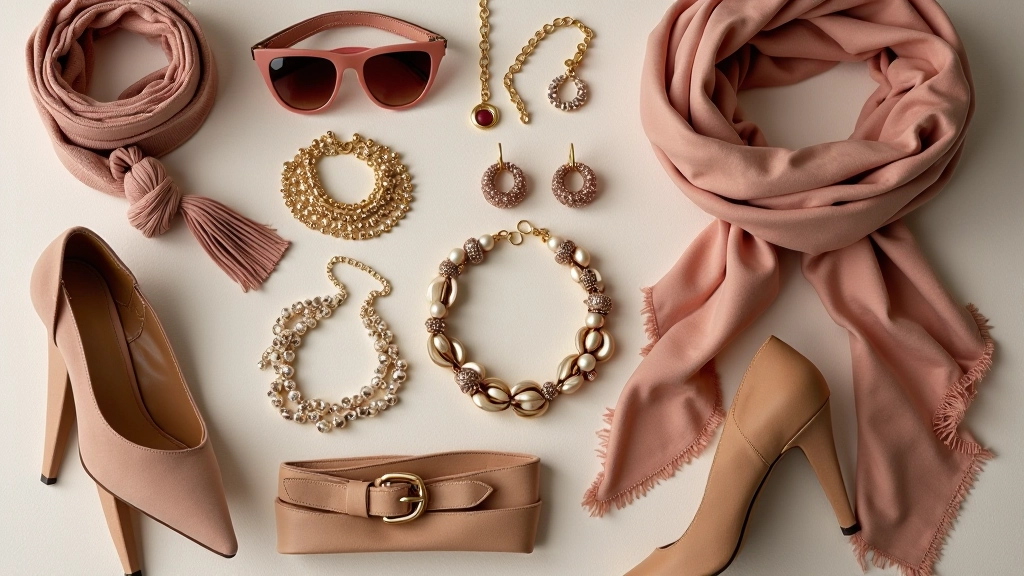 Çeşitli renklerde ve stilerde aksesuarlar ve ayakkabılar düzenlenmiş, kombinleme rehberi için görsel