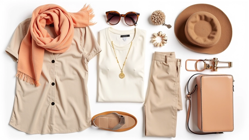Renkli aksesuarlarla kombinlenen nötr renkli giysi seti, stil rehberi görüntüsü