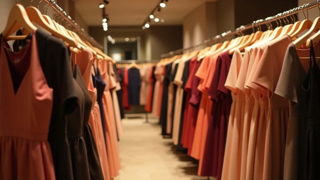 Çeşitli mağaza raflarında düzenli halde asılı etkinlik elbiseleri ve kıyafetler, alışveriş ortamı