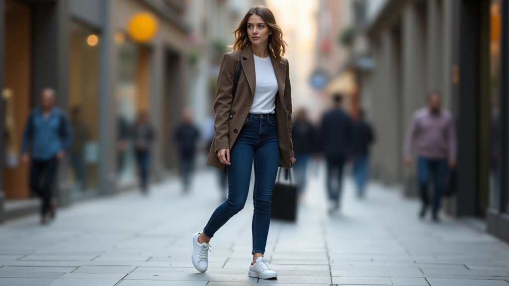 Slim fit koyu mavi jeans ve sneaker kombininde genç kadın, cadde ortasında yürüyor, gün ışığında
