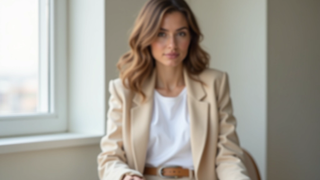 Beyaz basic t-shirt üzerine açık bej blazer giymiş kadın, rahat oturuyor, minimalist dekore ofiste