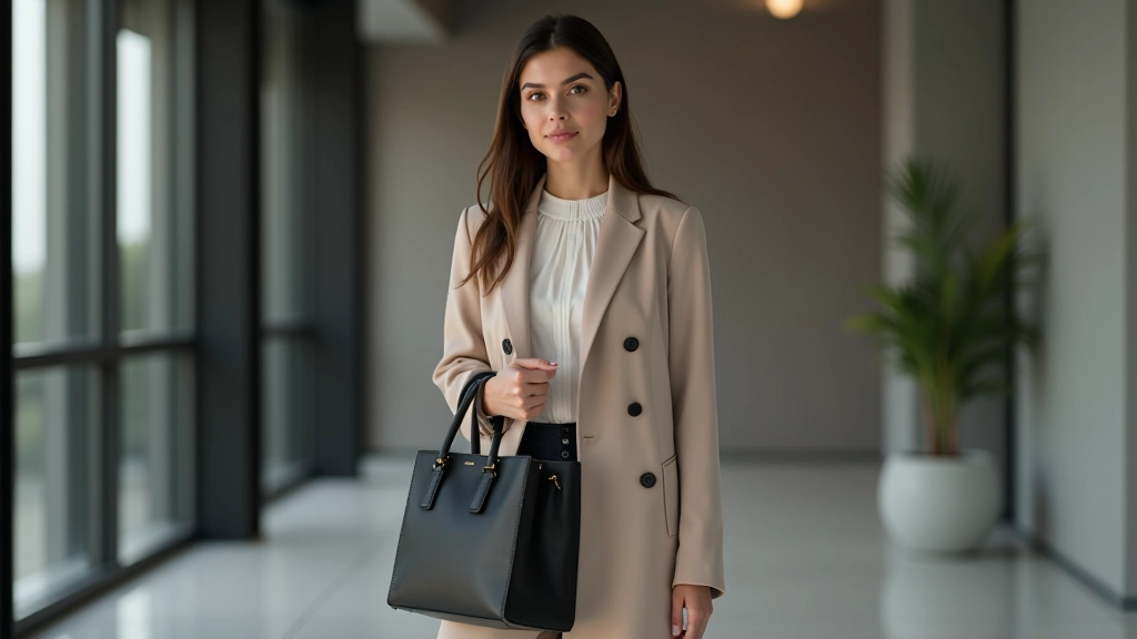 Siyah deri çanta ve loafer ayakkabı kombininde stilize edilmiş kadın portresi, modern ofis arka planında